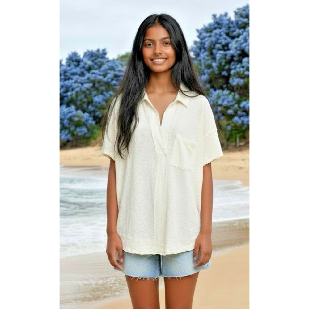 We The Free NEW! womens v-neck long cream boho short sleeve linen top Large